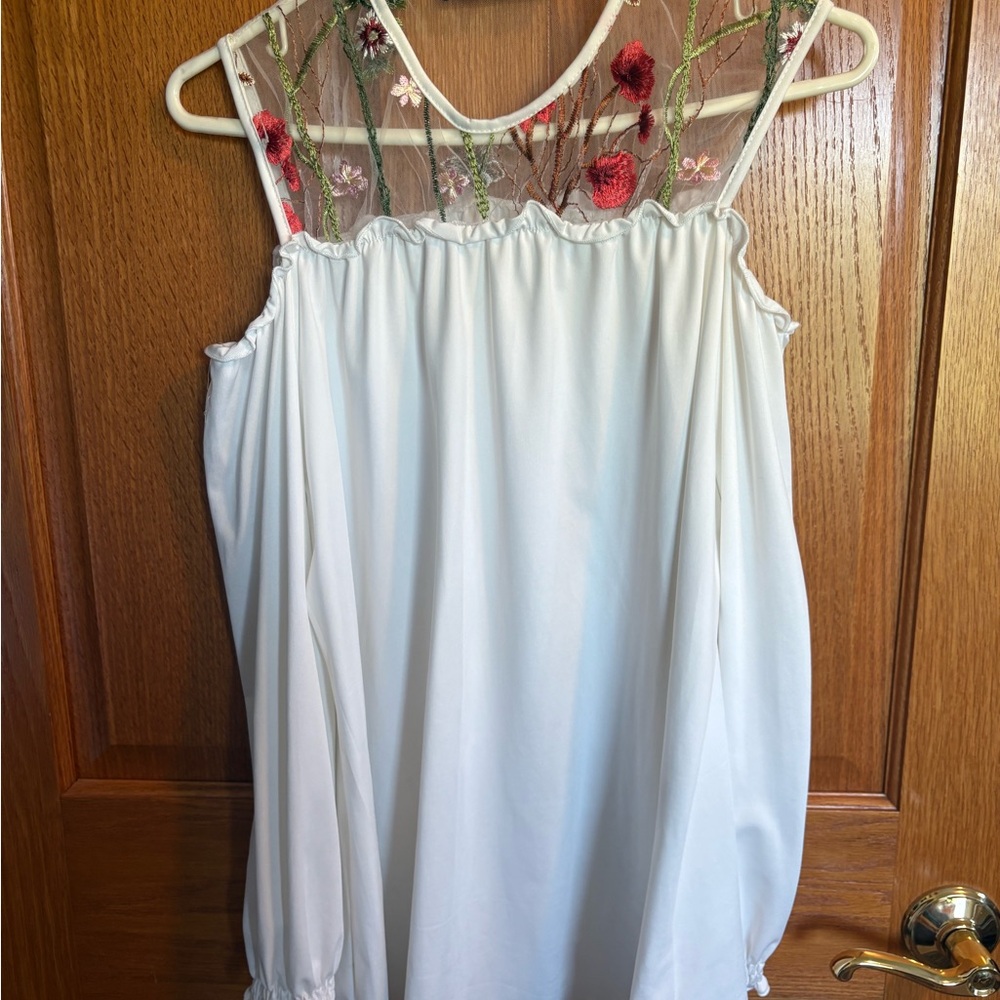 Cold Shoulder White Floral Embroidered Women's Blouse